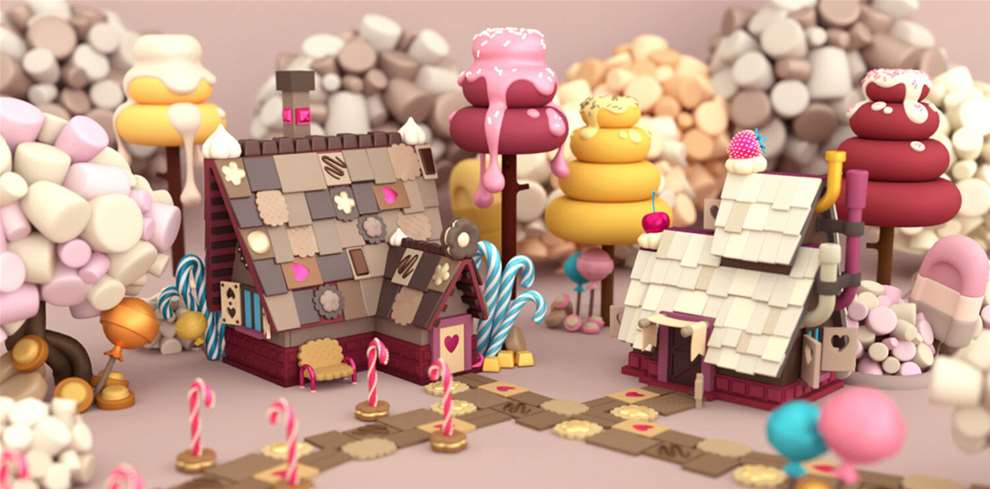The  Rusted Pixel, Expert 3D stylised illustration of a candy land full of sweets, chocolate and candy!  Adventure themed CGI illustration.  