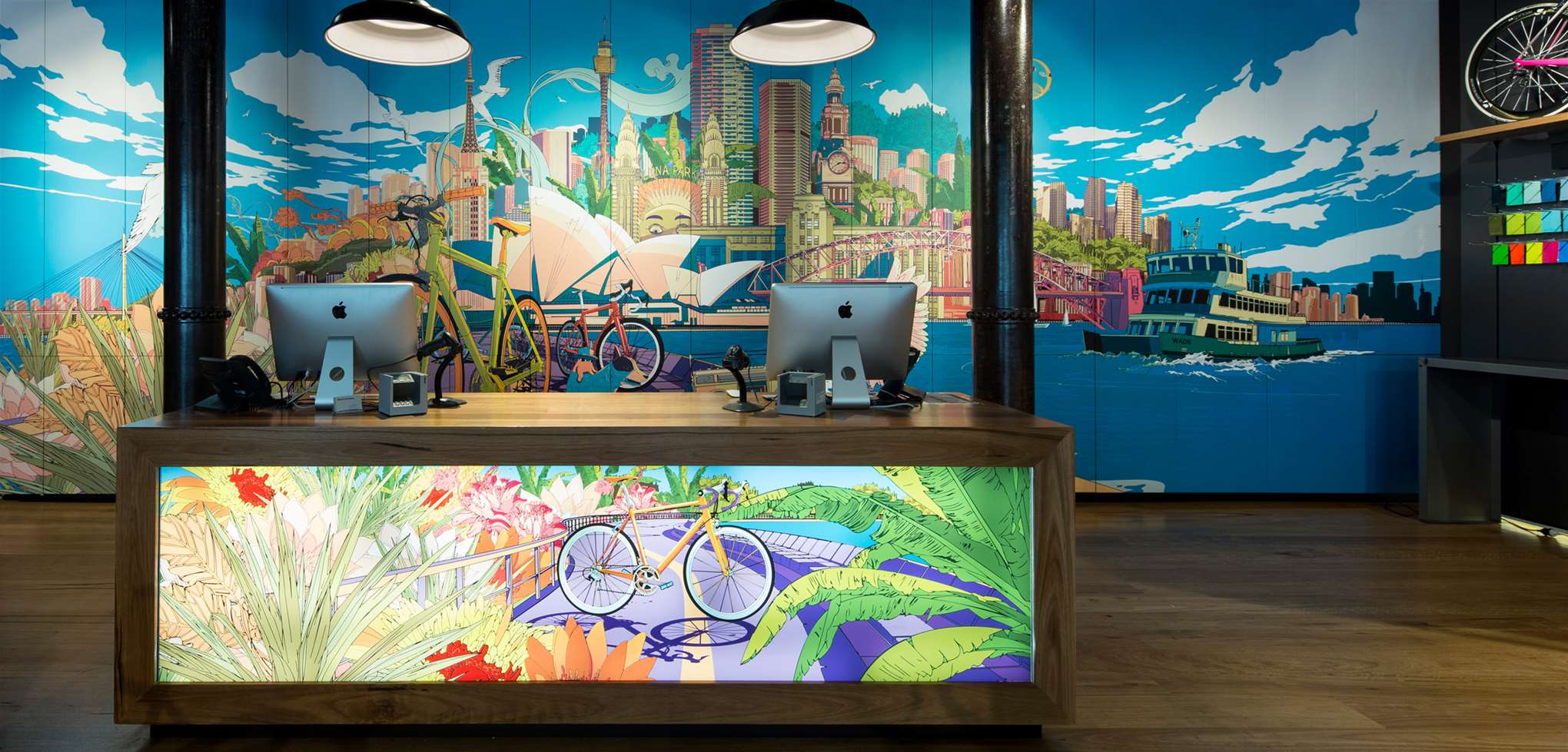 Shan Jiang, Sydney cityscape scene illustrations as large-scale wall mural graphics within a retail reception space.  