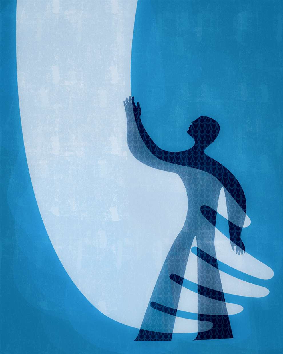 Paul Wearing, Digital textural illustration of a large hand holding a smaller figure on blue background. 