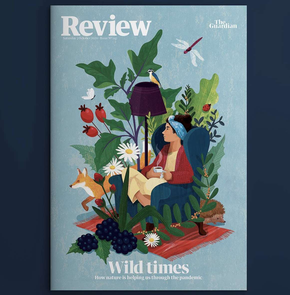 Kerry Hyndman, Weekend Review editorial cover with female character in an armchair surrounded by nature by Kerry Hyndman