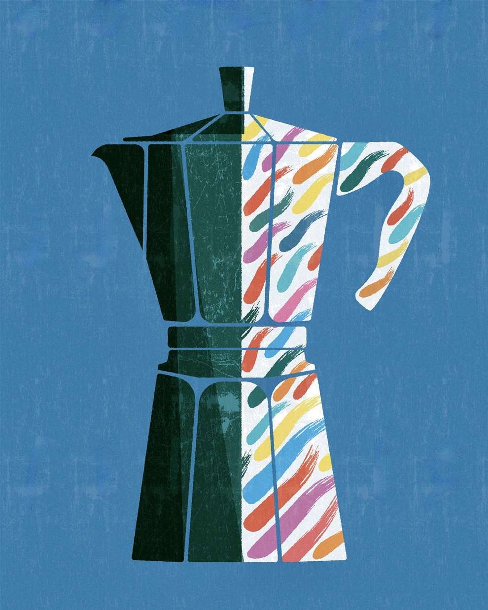Paul Wearing, Digital vector illustration of a cafetiere, bold colours on a blue background. 