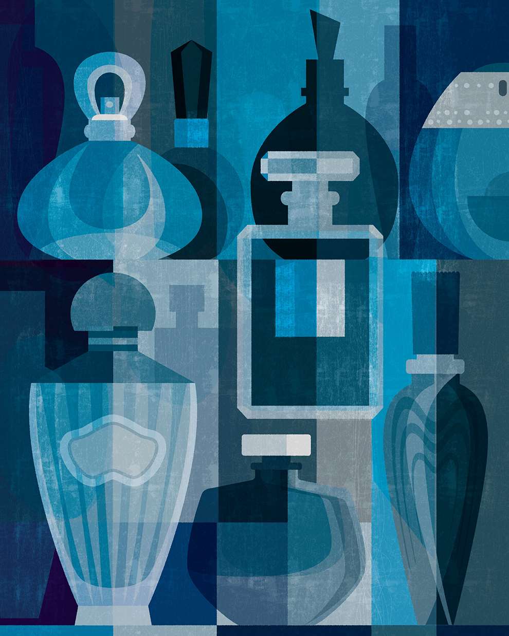 Paul Wearing, Perfumery illustration depicting a number of fragrance glass bottles, overlapping shapes and textures. 