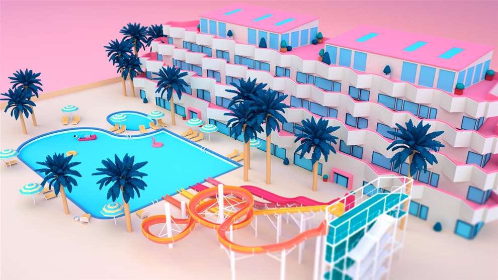 The  Rusted Pixel, Expert 3D stylised illustration of holiday complex with pool for Trivago.  Holiday themed CGI illustration.  