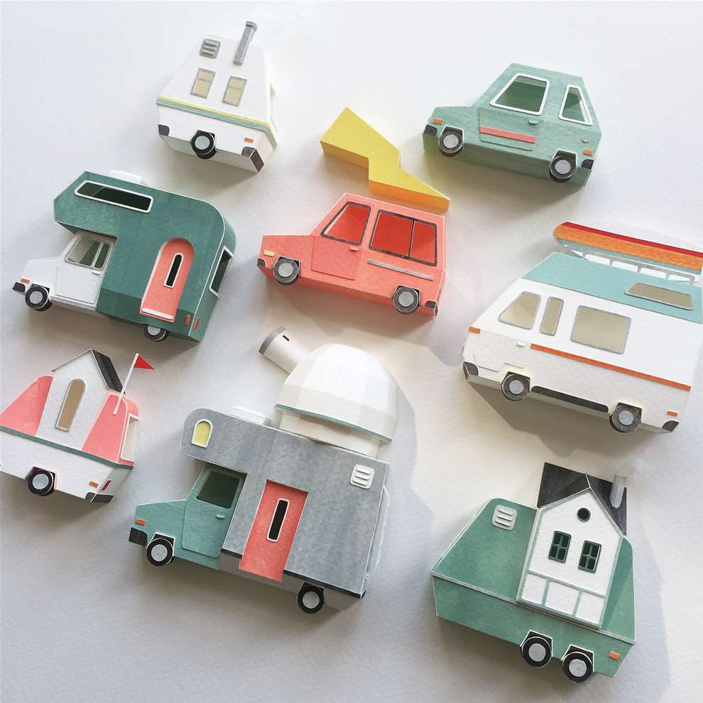 Vera Van Wolferen, Mini paper sculpture series of colourful cars .