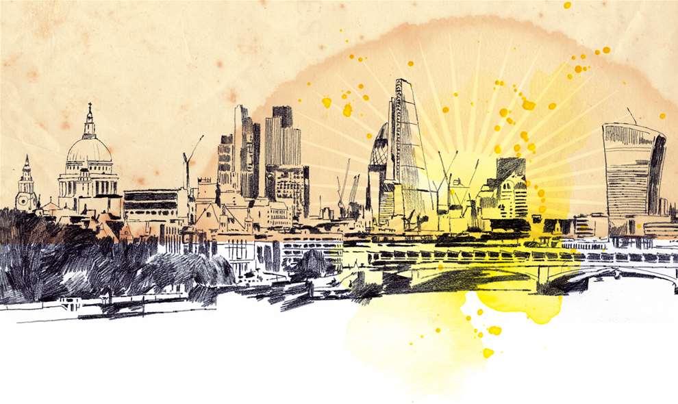 Montse Bernal, Detailed line illustration of London cityscape with watercolour background.