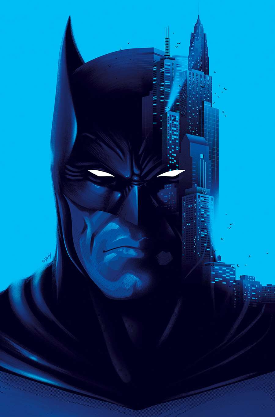 Doaly, Digital painterly film poster for Batman on blue background.