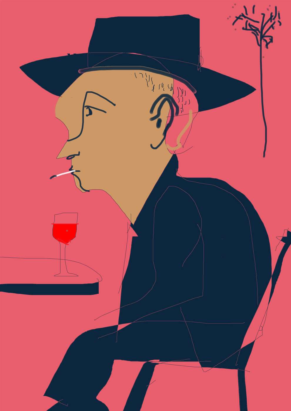 Brian Grimwood, Bold minimal portrait of a man in a hat smoking and drink a glass of wine. On pink background.  