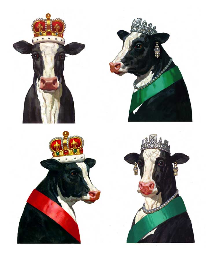 Paul Slater, Vintage style illustration of a cow dressed as the queen