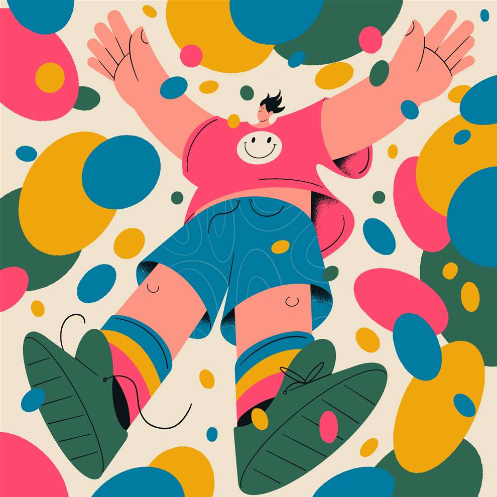 Edward McGowan, Vector Style illustration of a man lying down amongst colourful abstract bubbles. 