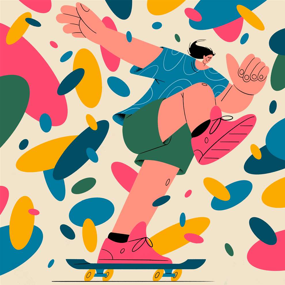 Edward McGowan, Vector Style illustration of a man on a skateboard with abstract pattern of bubbles around him. Bold and vibrant energetic style. 