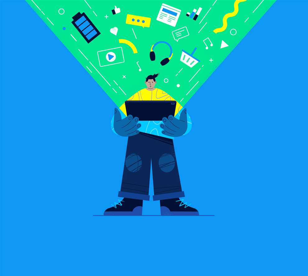 Edward McGowan, Vector Style illustration of a man holding a laptop with light bursting from the screen. Playful. 