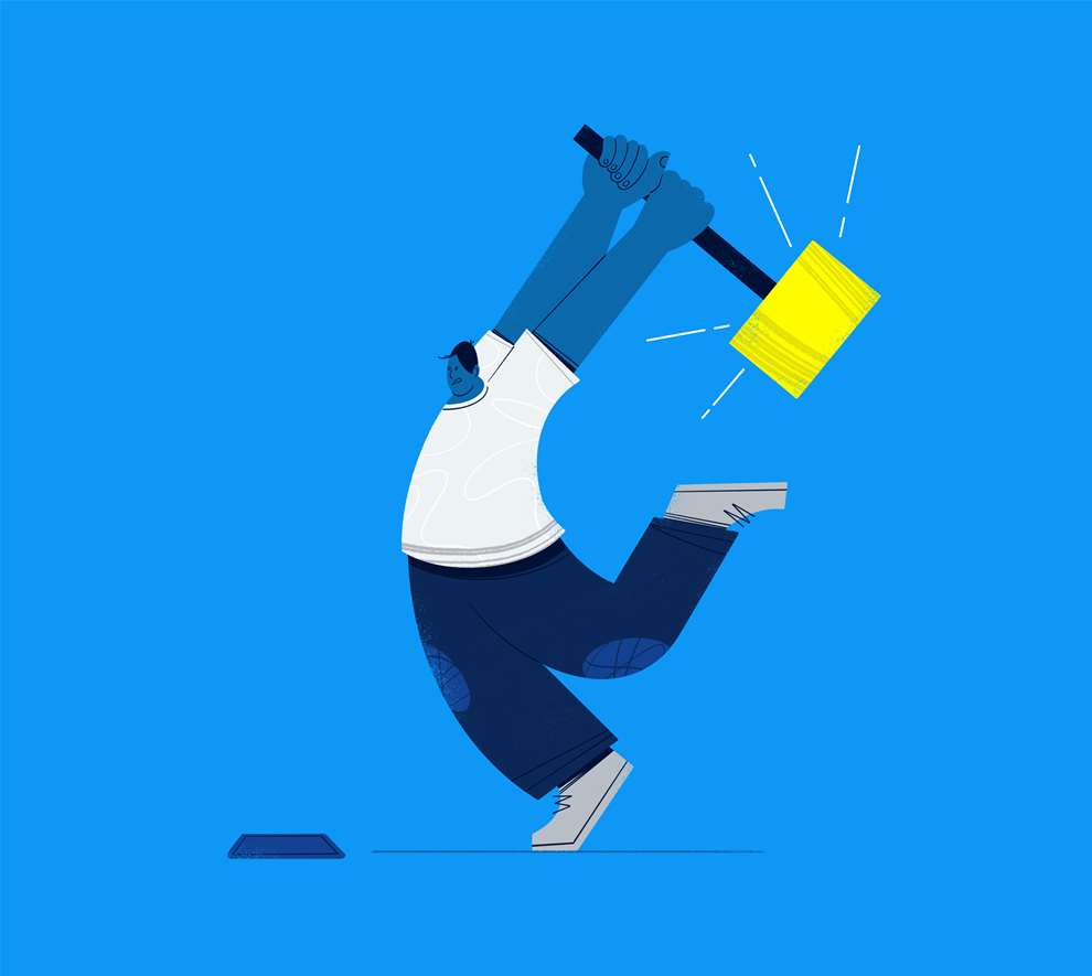 Edward McGowan, Playful digital illustration of a character smashing their phone with a hammer for Nokia. 
