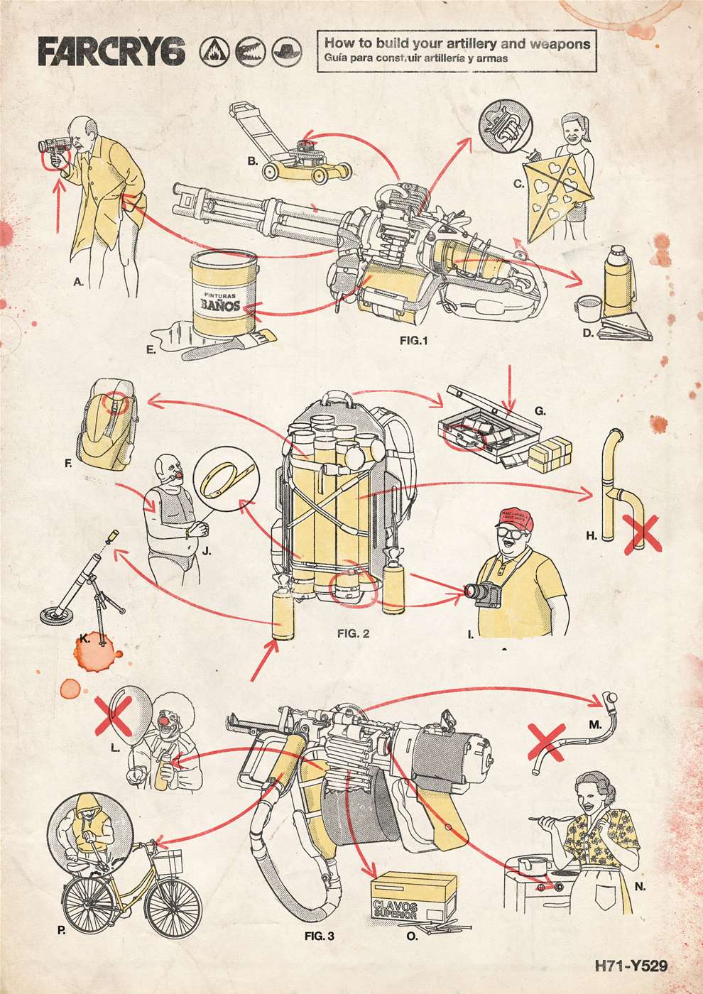 Tobatron, Infographic illustration of how to build artillery and weapons for video game far Cry 6. Exploded illustrated diagram. Instructional.  