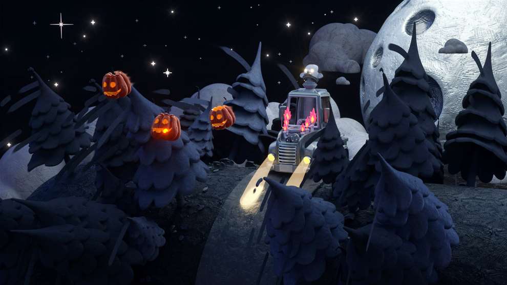 The  Rusted Pixel, Expert 3D stylised still of animated short about Halloween. 3D illustration of a car driving through forest at night with Halloween pumpkins. 