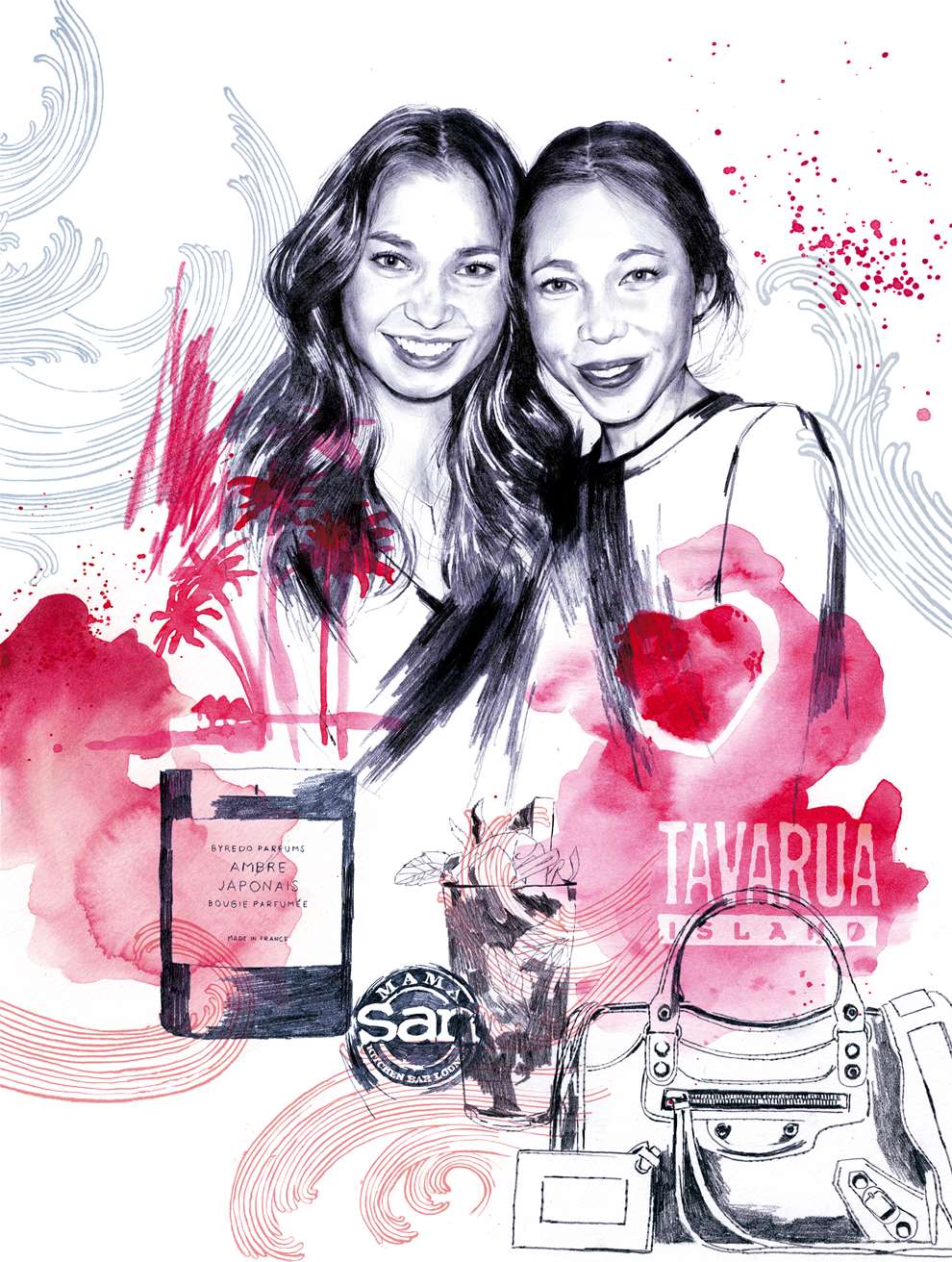 Montse Bernal, Pencil and ink portrait illustration of two women for beauty magazine surrounded by beauty products including a bag and perfume. 