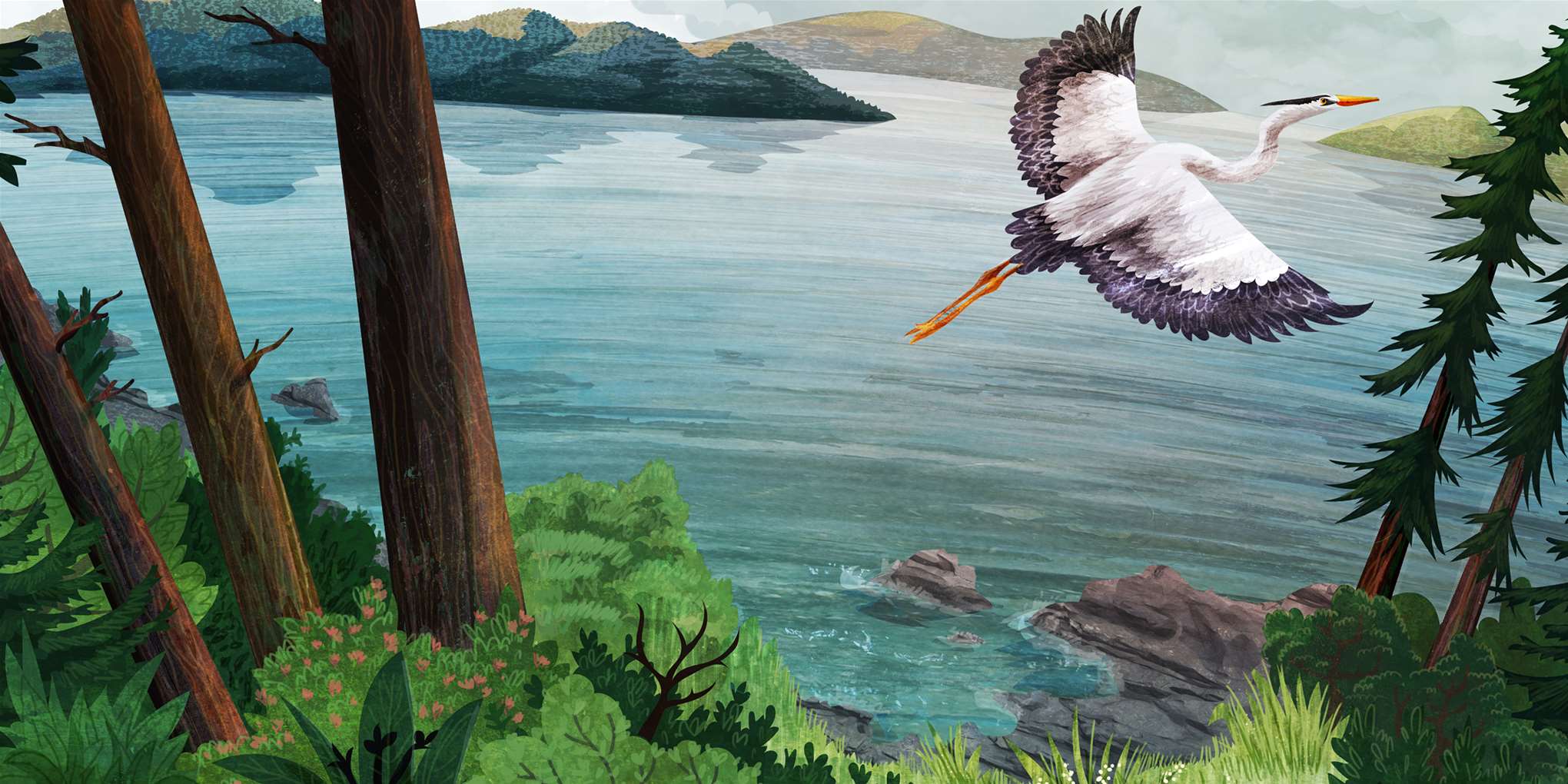Kerry Hyndman, Nature based digital textural playful landscape scene with flying Heron.