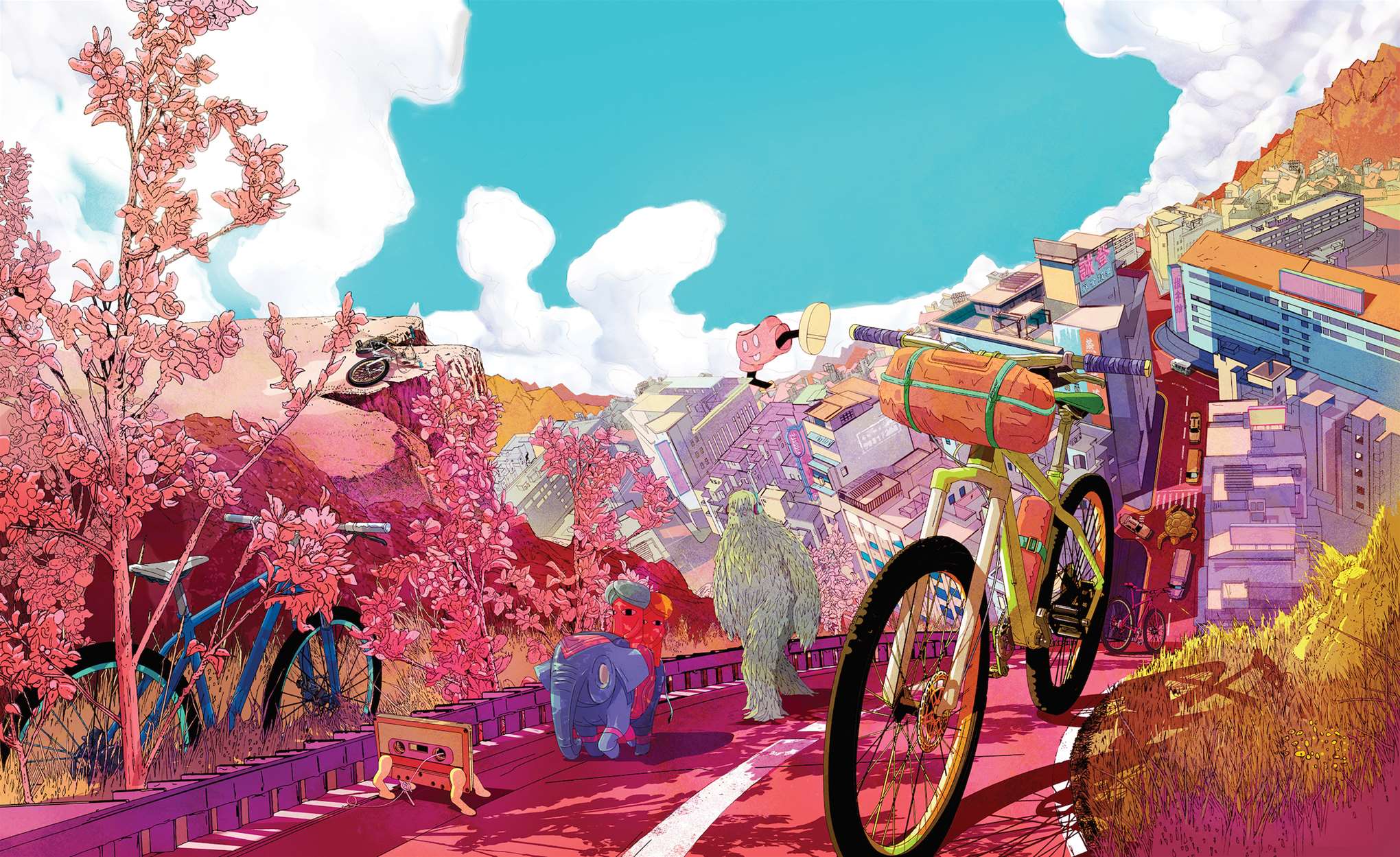 Shan Jiang, Detailed magical universe illustration with bike and fantastical creatures. 