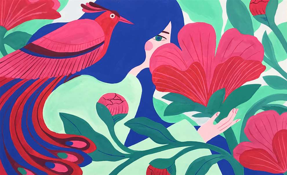 Tatiana Boyko, Handprinted feminine bold illustration for Kenzo perfume. Women hiding behind a flower with a peacock on her shoulder  