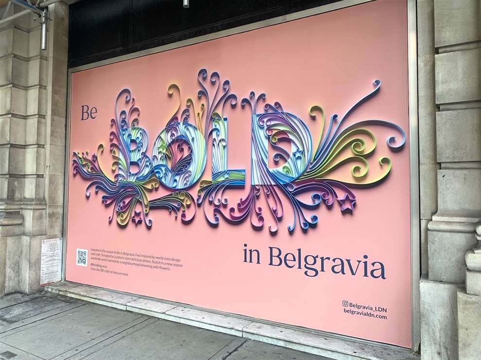2&3, Typography Campaign in Belgravia, spelling out the word Bold. 3D render typography. Delicate and elegant flourishing lettering. Decorative quilling.  