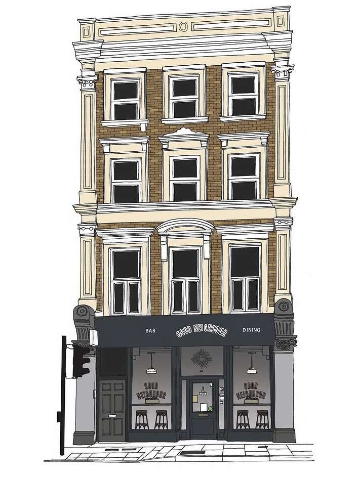Jitesh Patel, Detailed line illustration of independent shopfronts throughout London. 