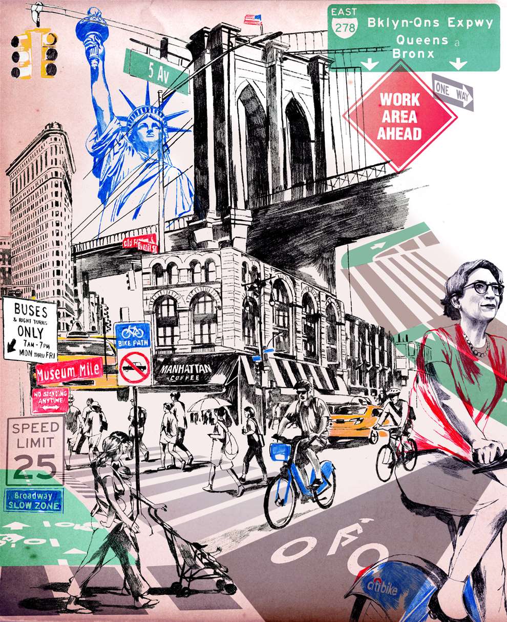 Montse Bernal, Mixed media pen and ink illustration of New York bustling city with architecture, monuments and people cycling. 