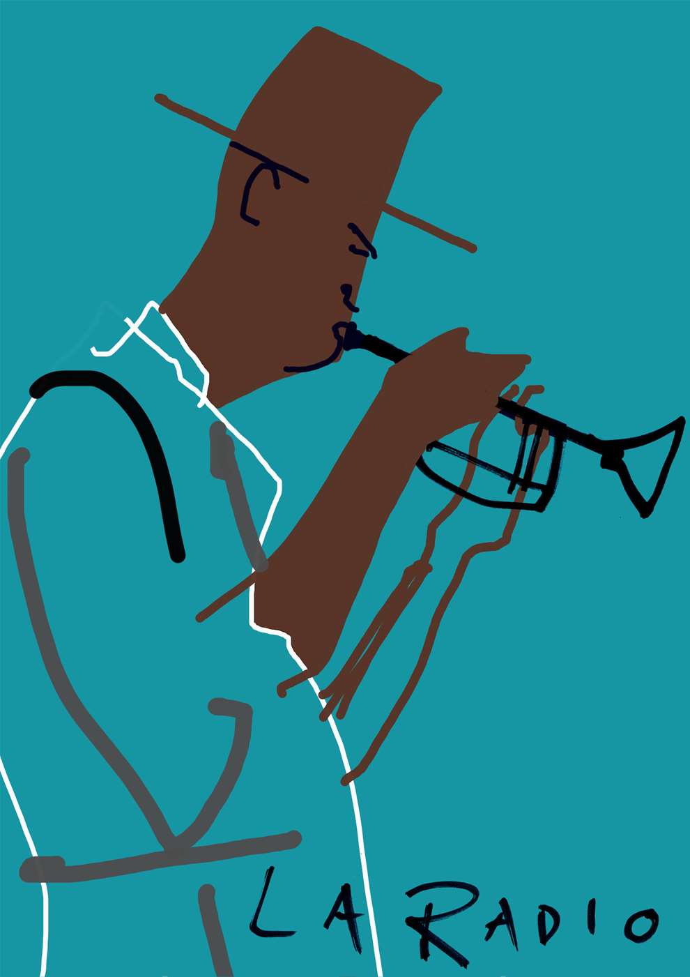 Brian Grimwood, Digital abstract drawing of a man playing the trumpet for Magazine Cover.
