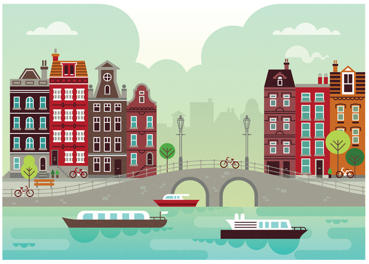 Parko Polo, cityscape of amsterdam in a bold an minimal style 