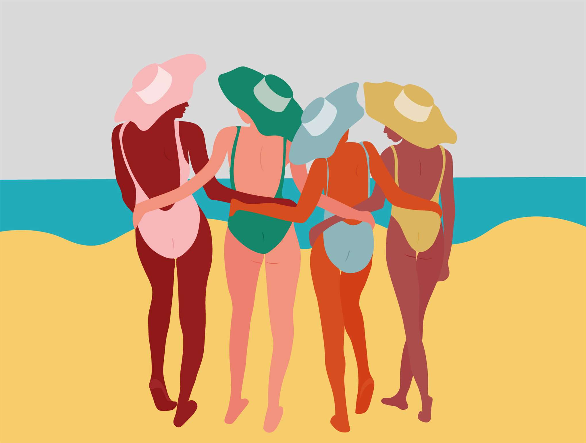 Camila Pinheiro, Bright vector illustration of 4 women in swimming costumes with vibrant summer patterns. Geometric shapes.  