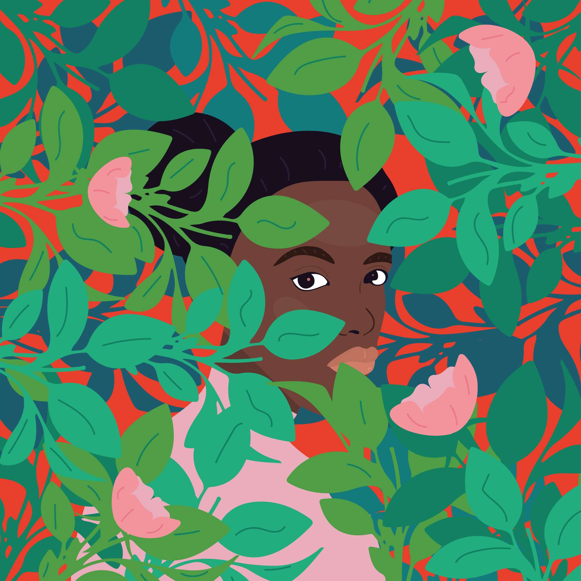Camila Pinheiro, Bright vector illustration of a woman looking through plants. Bold flat shapes. 