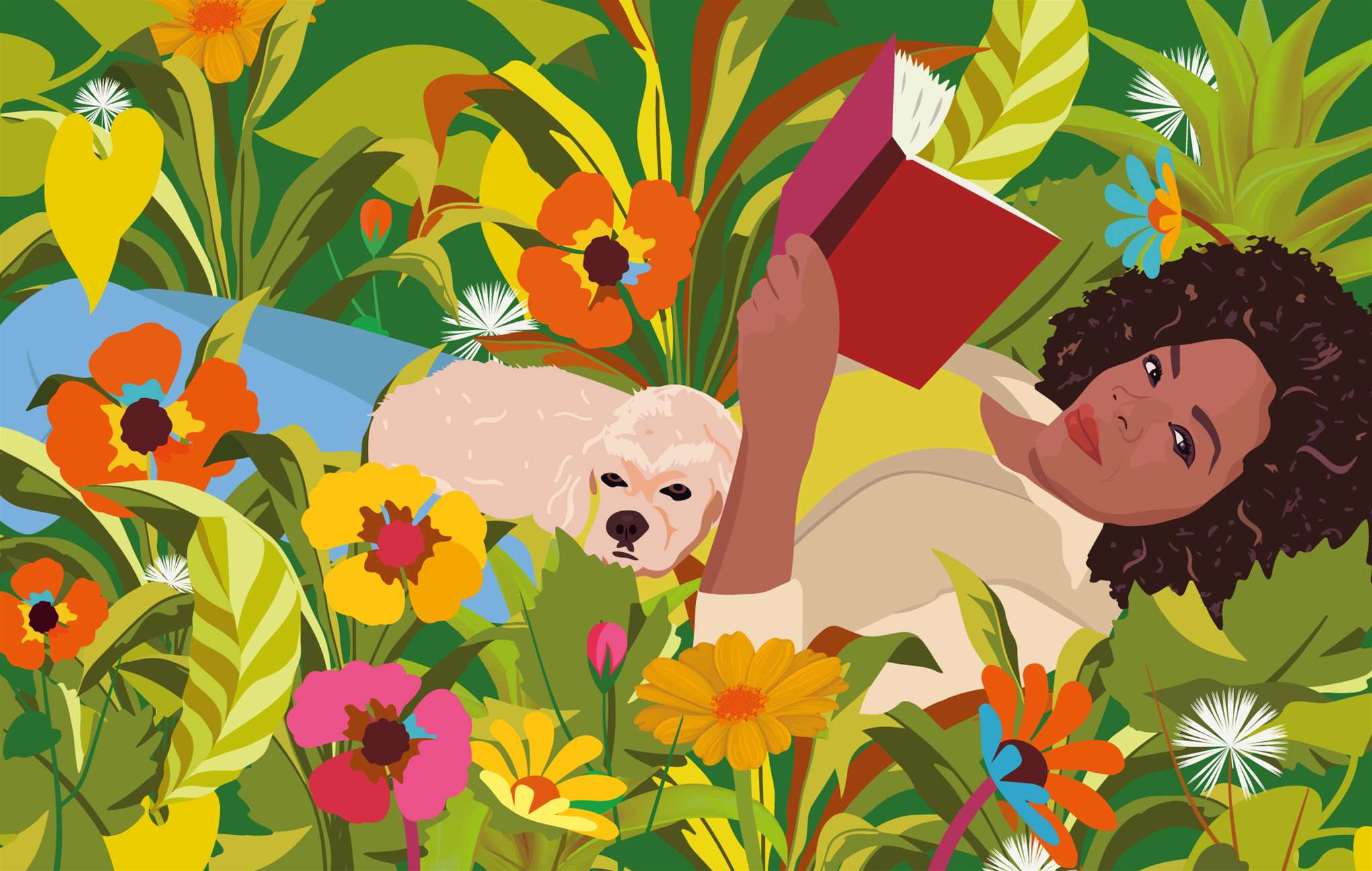 Camila Pinheiro, Bright vector digital illustration of a woman laying in the flowerbed reading a book with a dog on her lap. Vibrant summer floral patterns. 