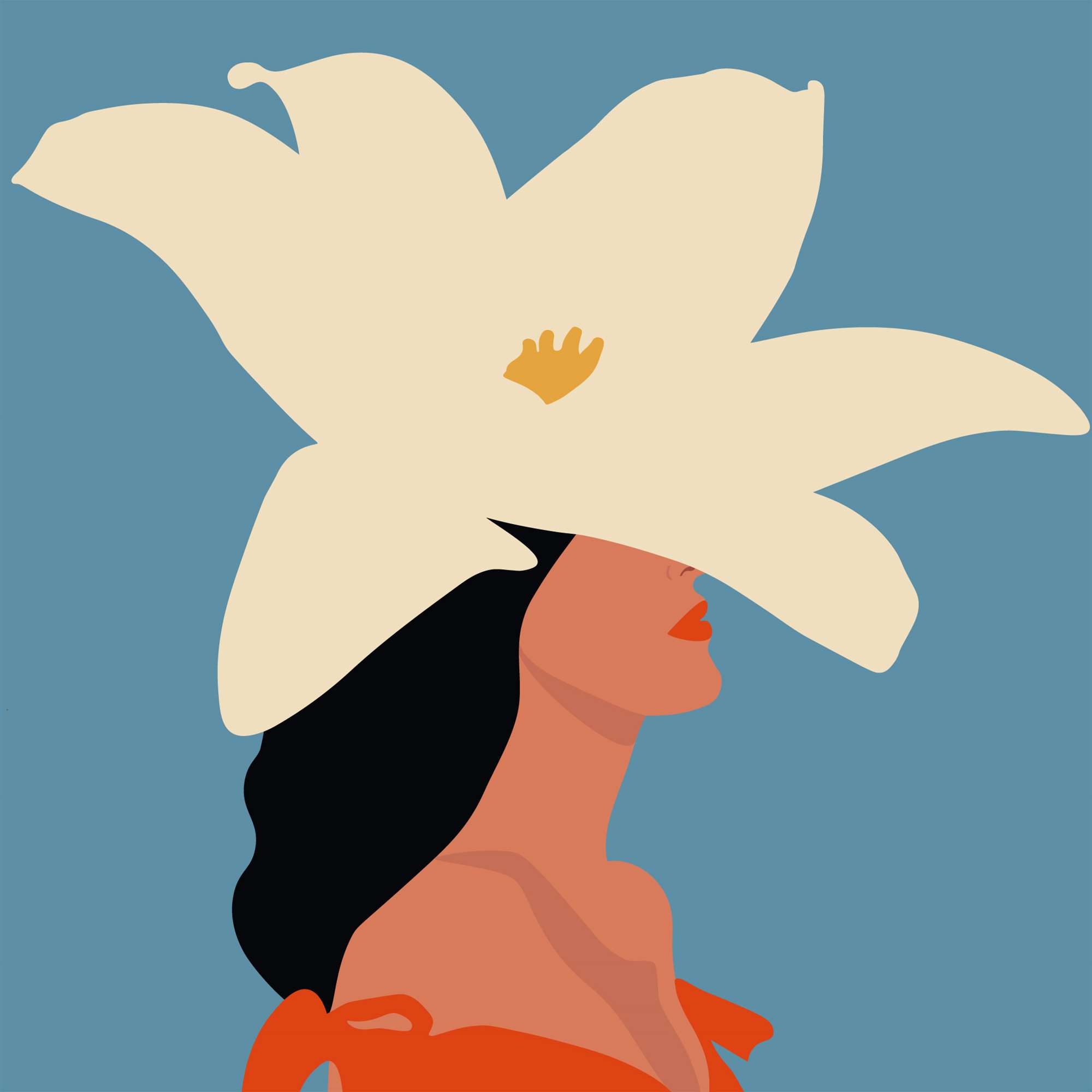 Camila Pinheiro, Minimalist vector illustration of a woman in an orange dress with her face covered by a white flower. 