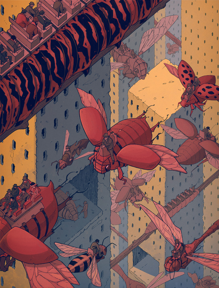 Coke Navarro, Surreal scene of man riding beetles. Digital illustration in a comic book style 