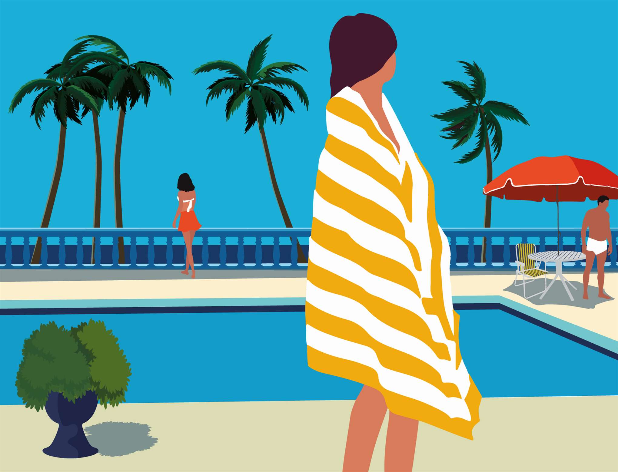 Camila Pinheiro, Bright vector fashion illustration of a woman covered in a towel looking back at tropical landscape, pool and palm trees. 