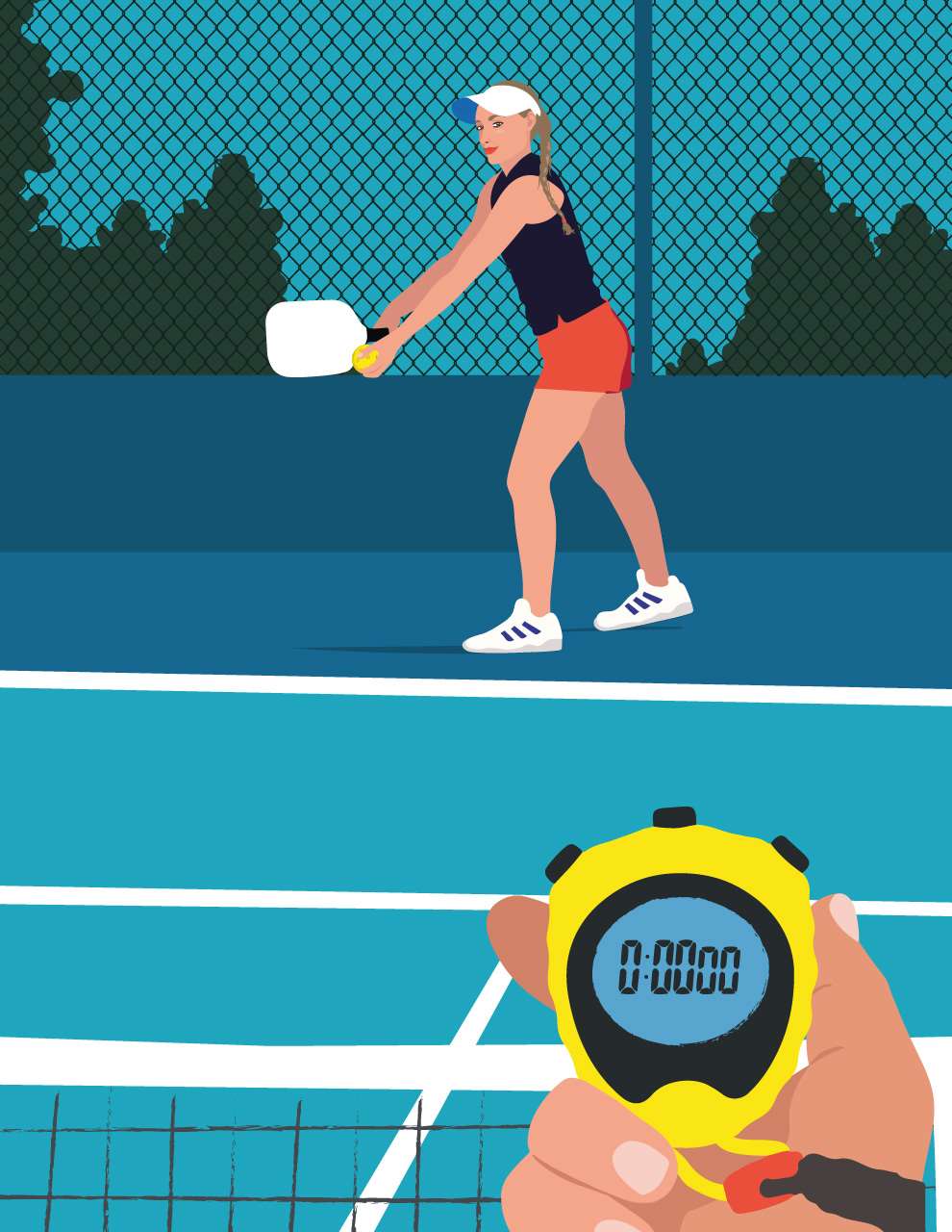 Camila Pinheiro, Flat vector illustration of a woman playing tennis and someone holing a stopwatch in the corner. Summer vibes.  