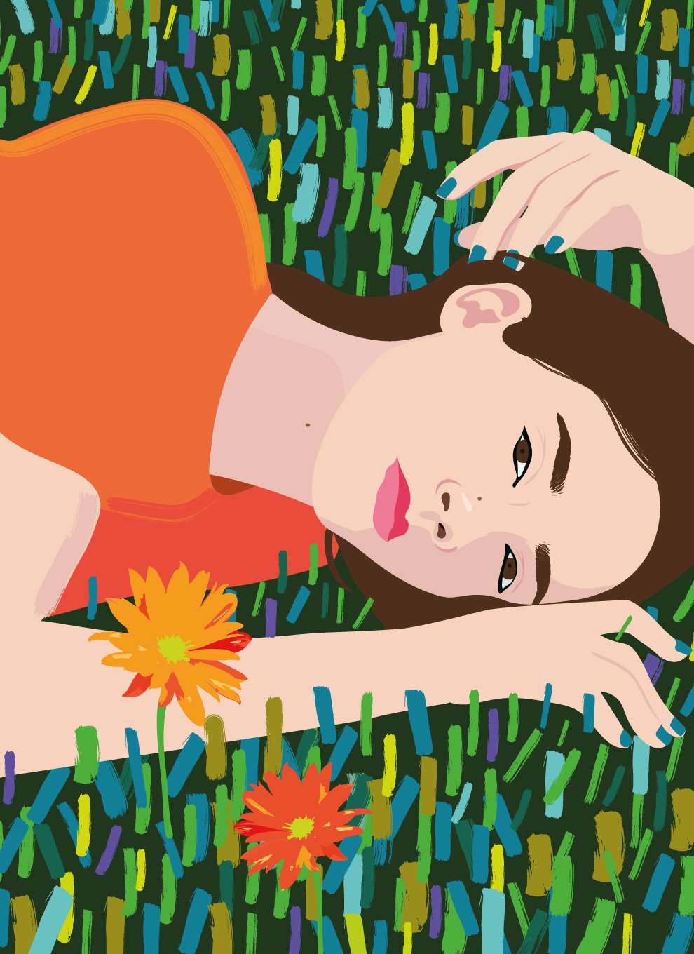 Camila Pinheiro, Bright vector fashion illustration of a girl lying in the grass.  