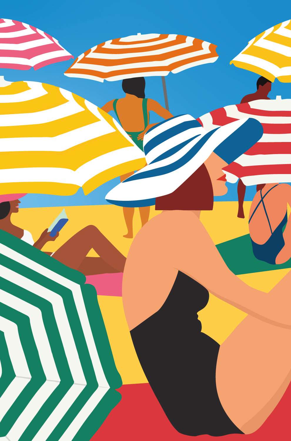 Camila Pinheiro, Bright vector fashion illustration of  swimmers on the beach. 
