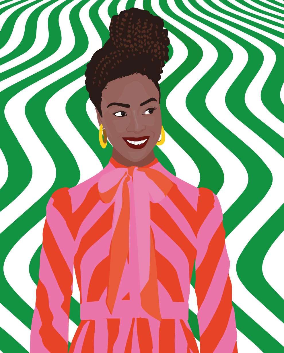 Camila Pinheiro, Digital fashion illustration of a woman in a pink dress with psychedelic wavy patterns in the background. 