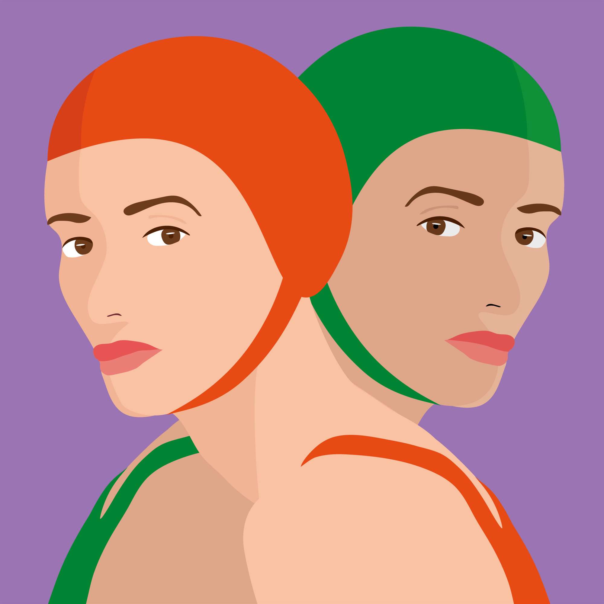 Camila Pinheiro, Bright vector fashion illustration of 2 swimmers in swimming hats, striking composition.