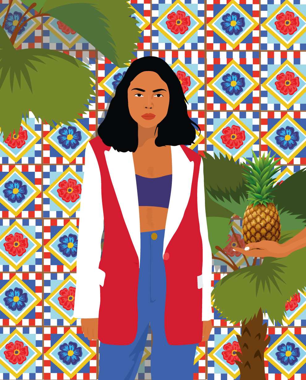 Camila Pinheiro, Bright vector digital illustration of a woman standing in summer room with detailed patterned wall mosaic print tiles with surrounding tropical plants. Summer vibes. 