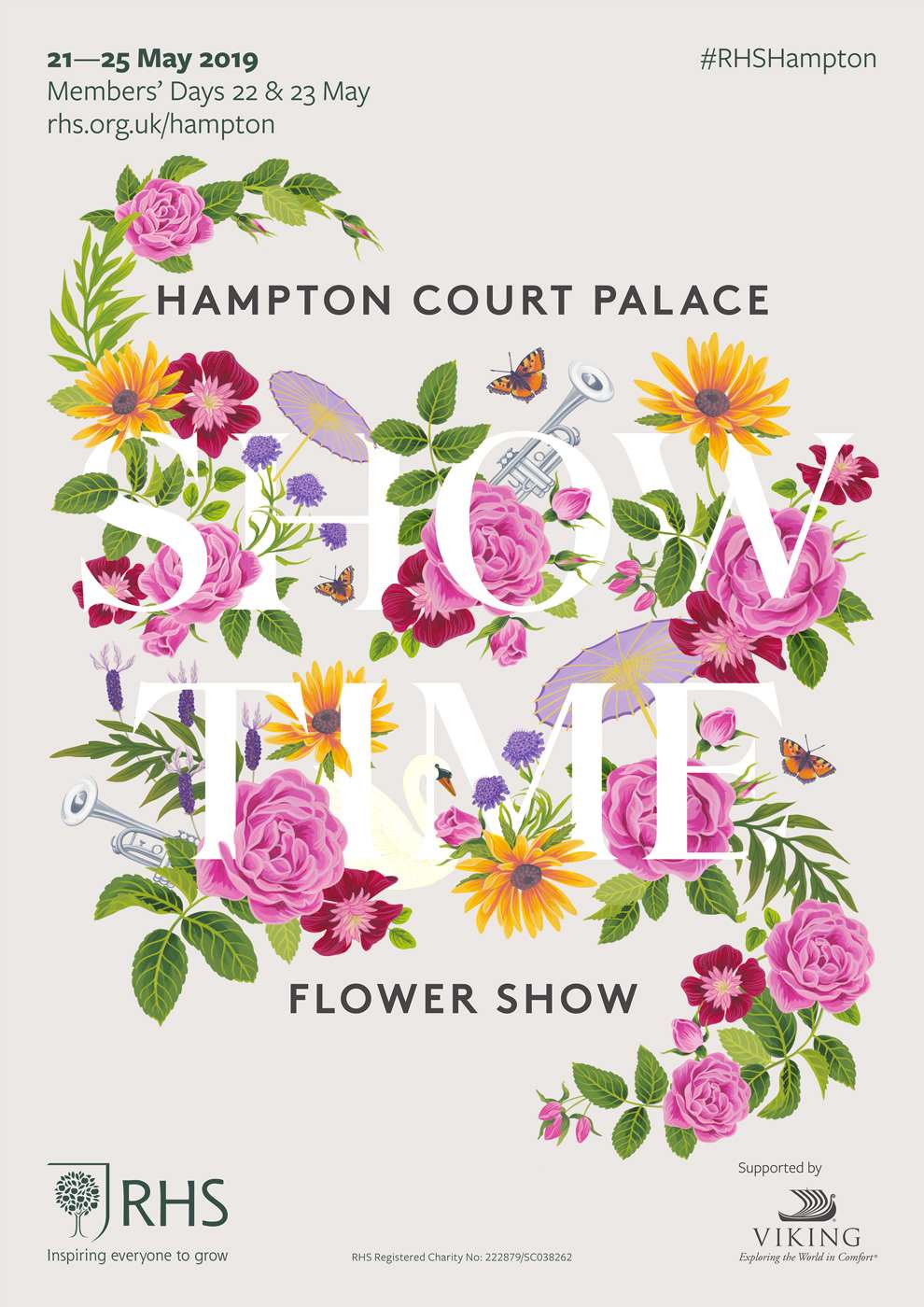 Charlotte Day, Hampton Court Palace Flower Show Poster, with floral detailed elements surrounding white lettering. 
