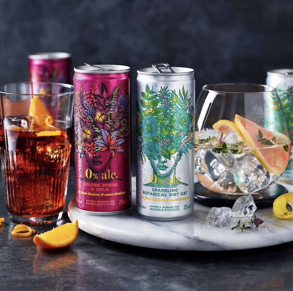 Charlotte Day, Digital botanical packaging illustration for drinks cans, non alcoholic gin. 