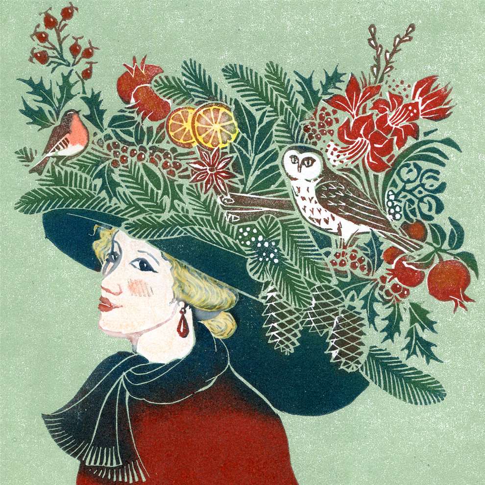 Clare Melinsky, Detailed Christmas linocut illustration of a lady wearing a hat full of festive fruits and berries. Green inky background. 