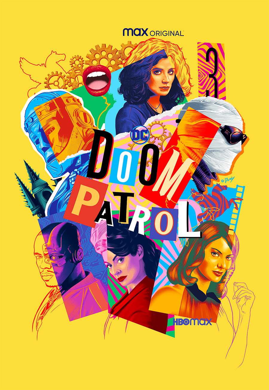 Doaly, Officially licensed art for Doom Patrol & NYCC. Digital poster illustration of characters from Doom Patrol on bright yellow background.