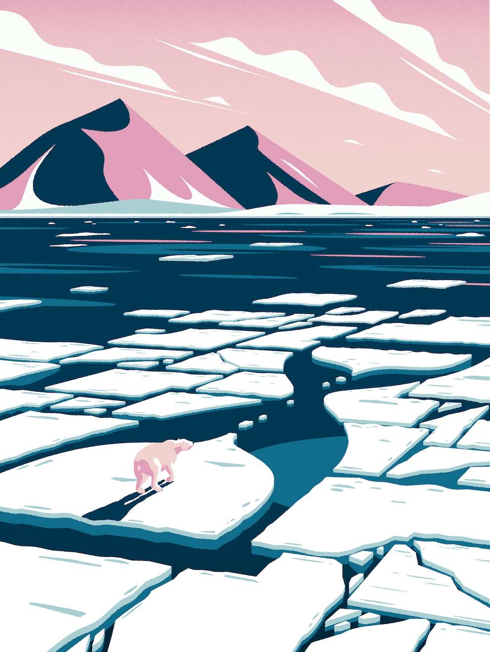 Jack Daly, digital and graphic illustration of the north pole ice melting with a polar bear walking 