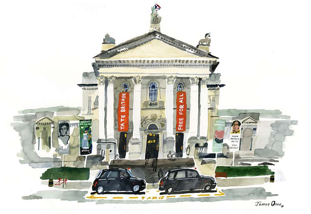 James Oses, Watercolour illustration of the Tate Britain with black cab in front 