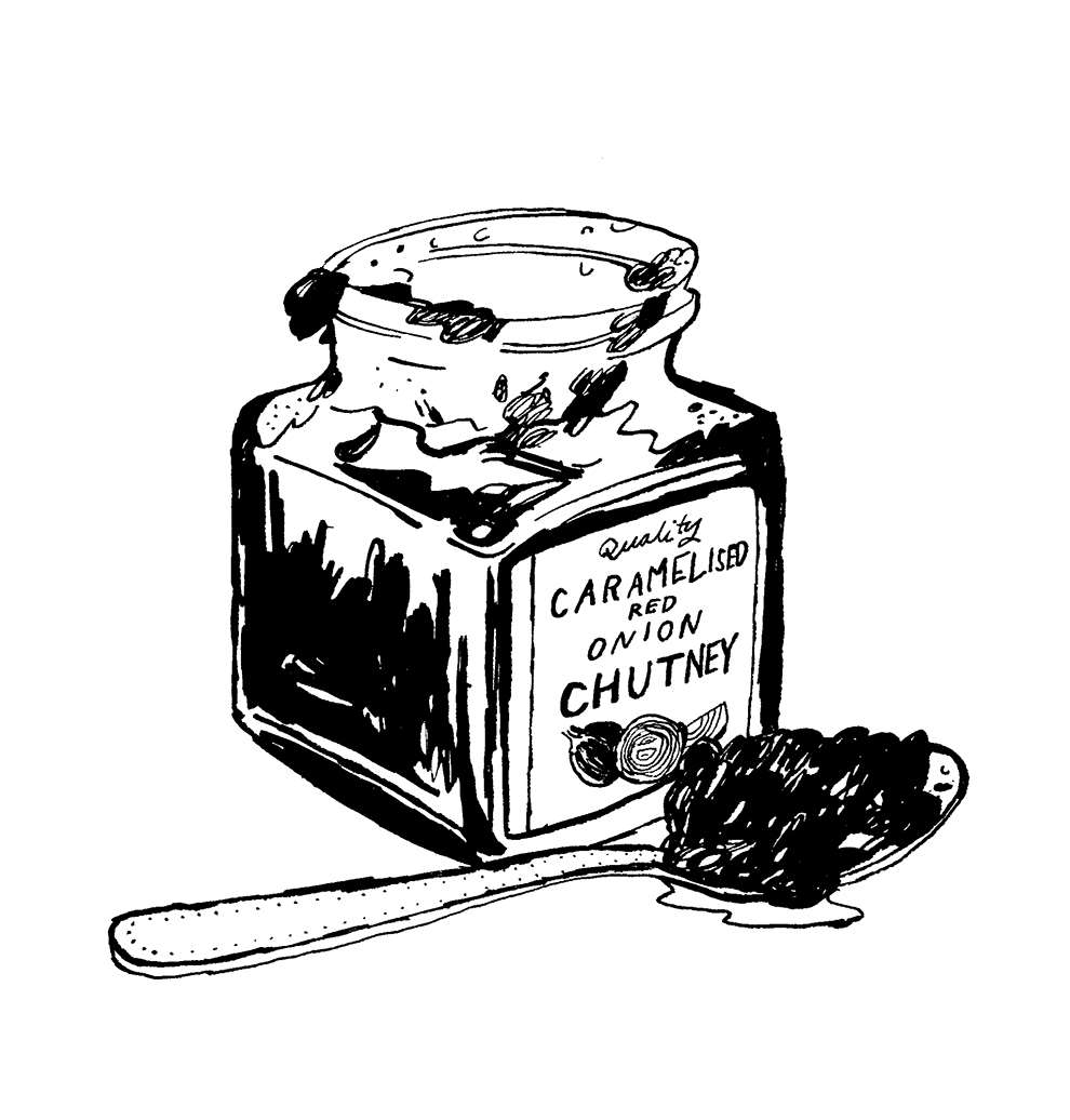 James Oses, Hand drawn illustration of a chutney jar in black ink. 
