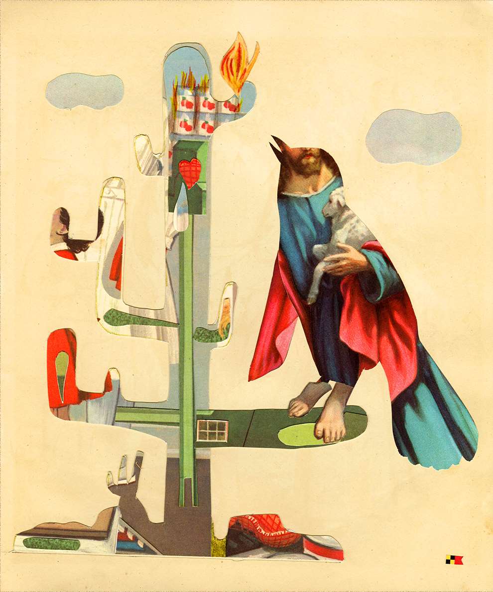 Lou Beach, Vintage surrealist collage of a rainbow bird on a cactus