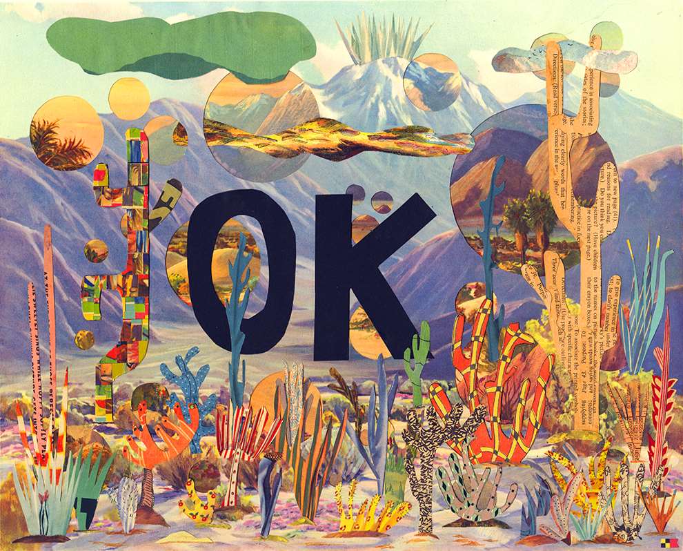 Lou Beach, Mixed media photographic collage reading the words OK.