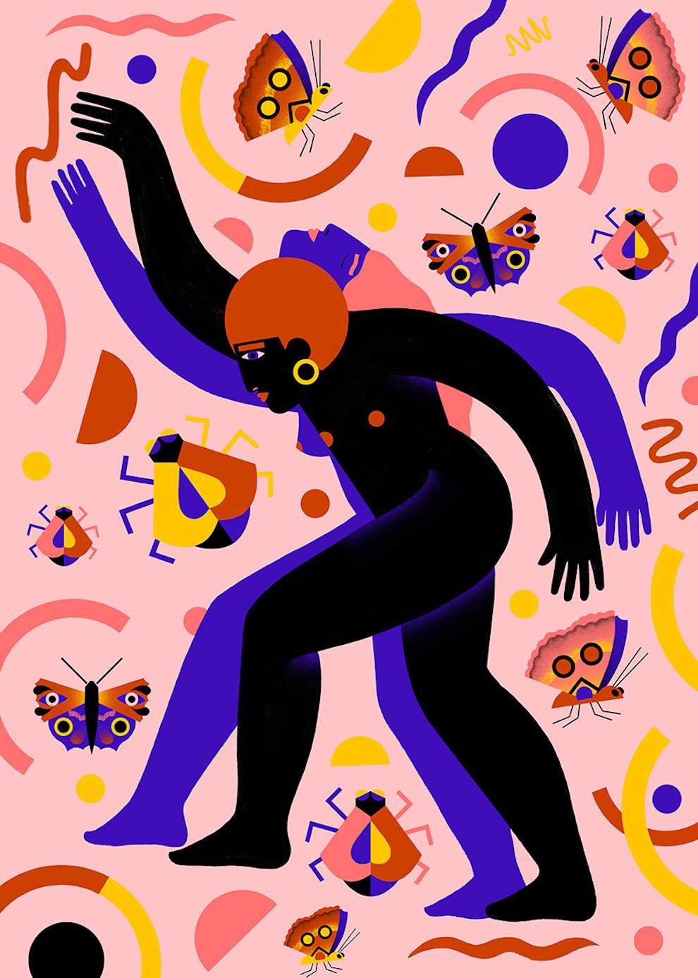 Margaux Carpentier, Bold and digital illustration of a women dancing. Butterflies and insects in a pink background