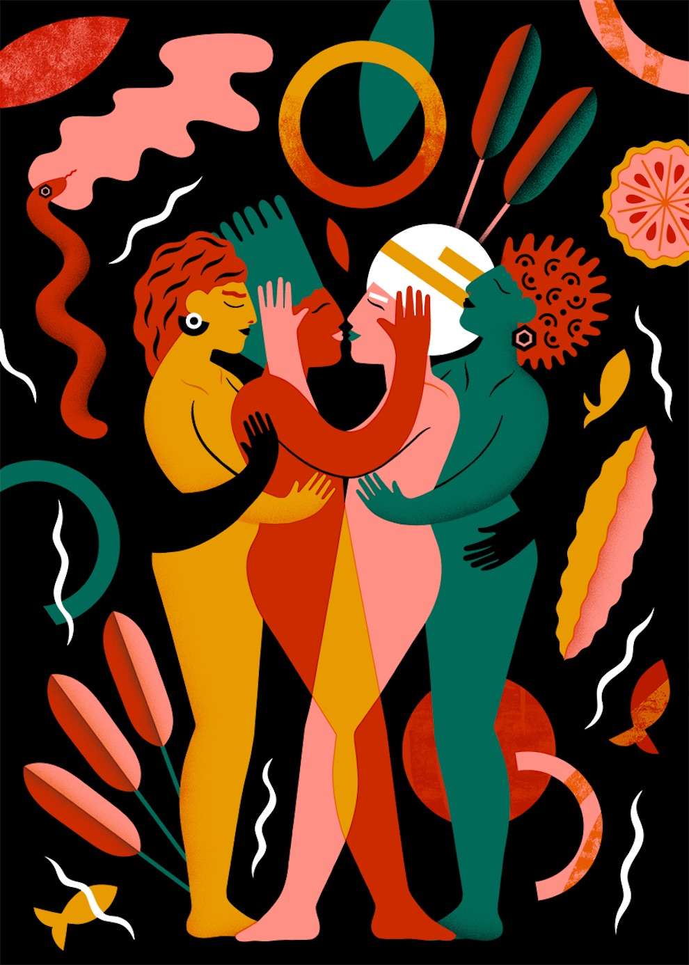 Margaux Carpentier, Bold and bright digital illustration of women snogging 